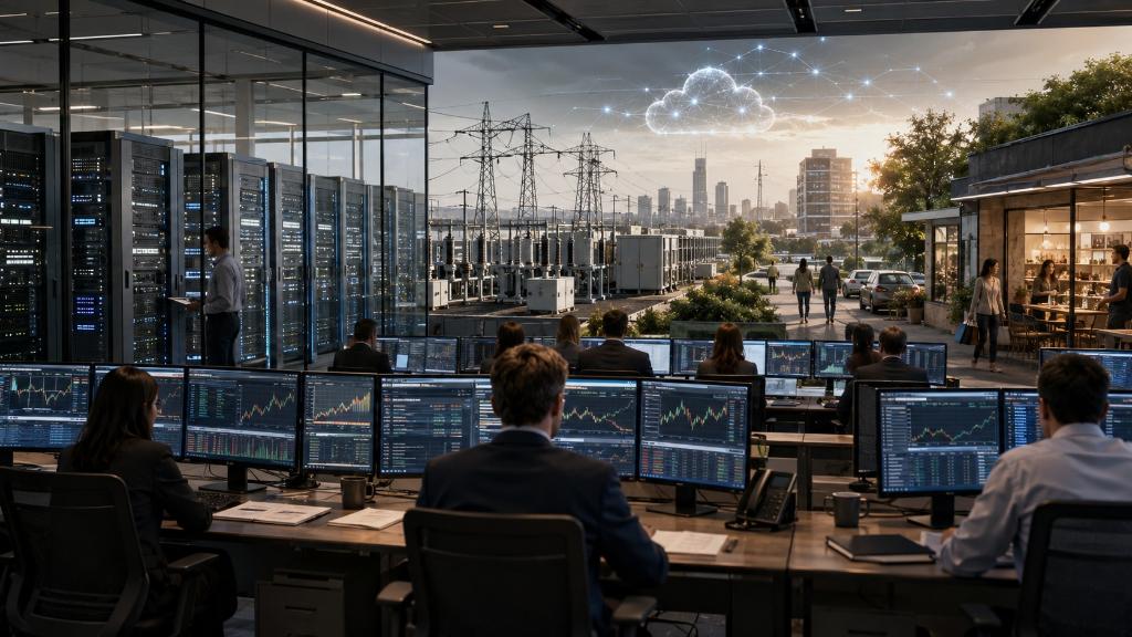 Salle de marchés obligataire, data center et lignes électriques illustrant le financement de l’IA par la dette et l’énergie.