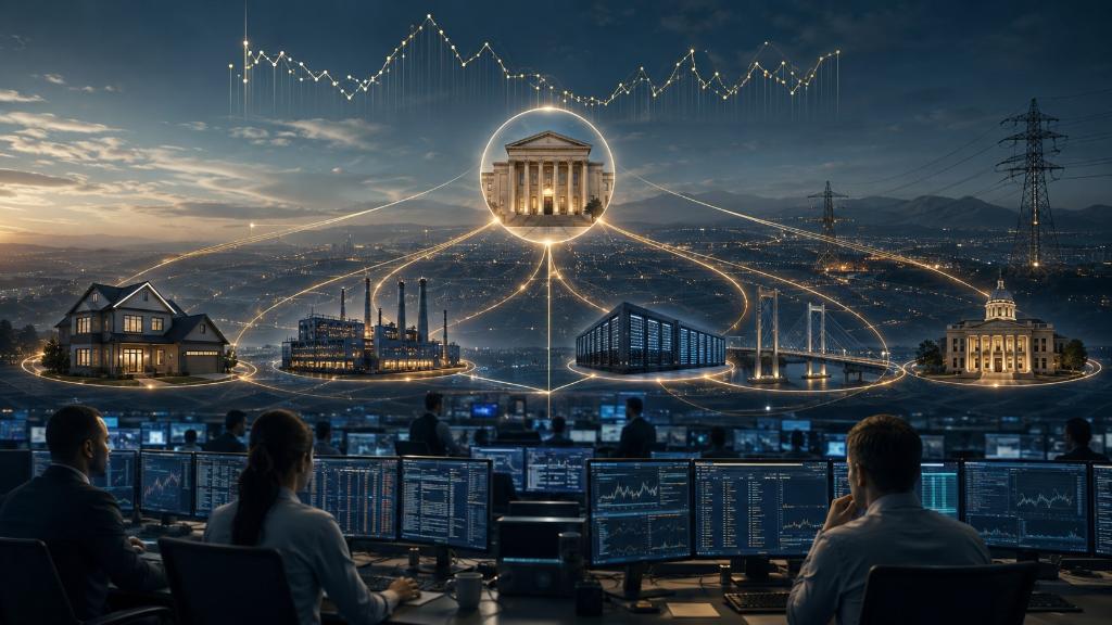 Bond trading room visually linked to a house, factory, data center and public infrastructure to show how Treasury yields transmit into credit costs, investment and government budgets.