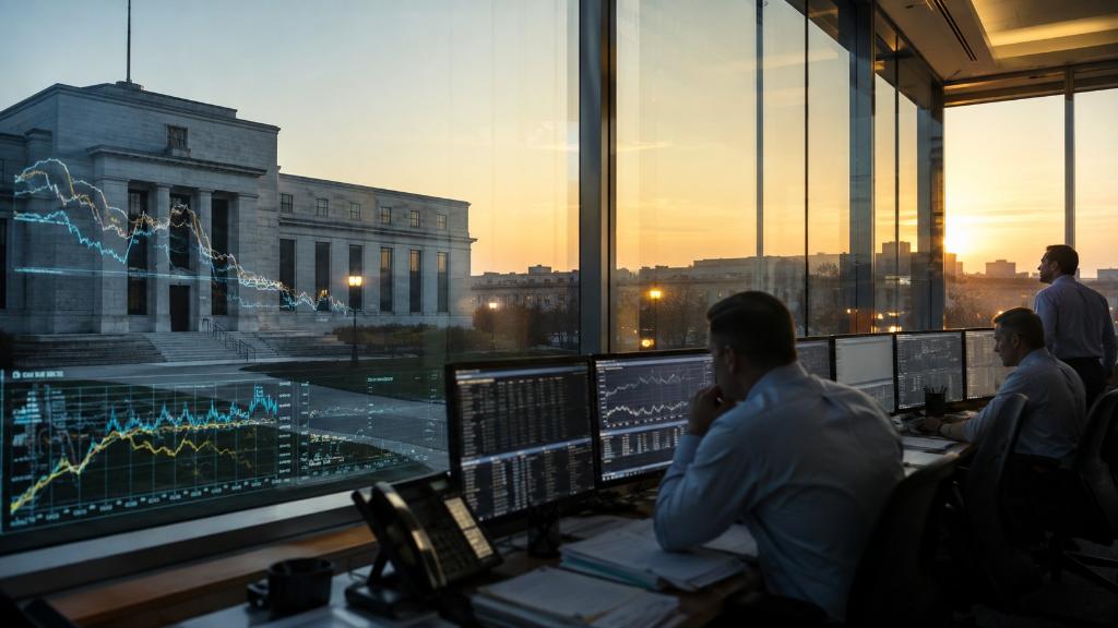 Washington et le marché des Treasuries sous tension, avec analystes, bâtiment institutionnel et courbes obligataires discrètes évoquant la persistance des taux longs.