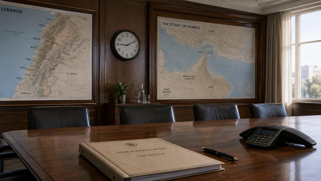 Bureau de crise vide avec carte du Liban, dossier judiciaire et horloge, évoquant le lien entre guerre, accord et calendrier politique.