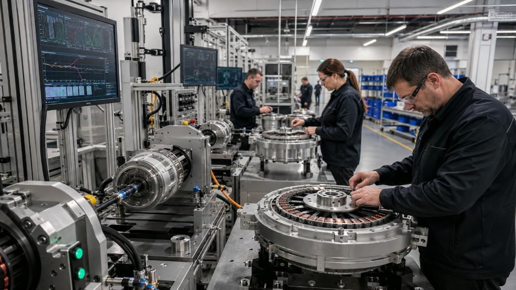 Ligne d’assemblage de moteurs électriques axiaux avec stators plats, rotors, bancs de contrôle, refroidissement et techniciens en usine premium.