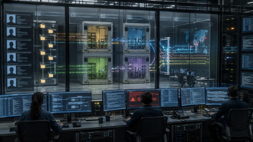 Cybersecurity laboratory where engineers supervise several AI agents, isolated environments, network traffic and an external code repository.