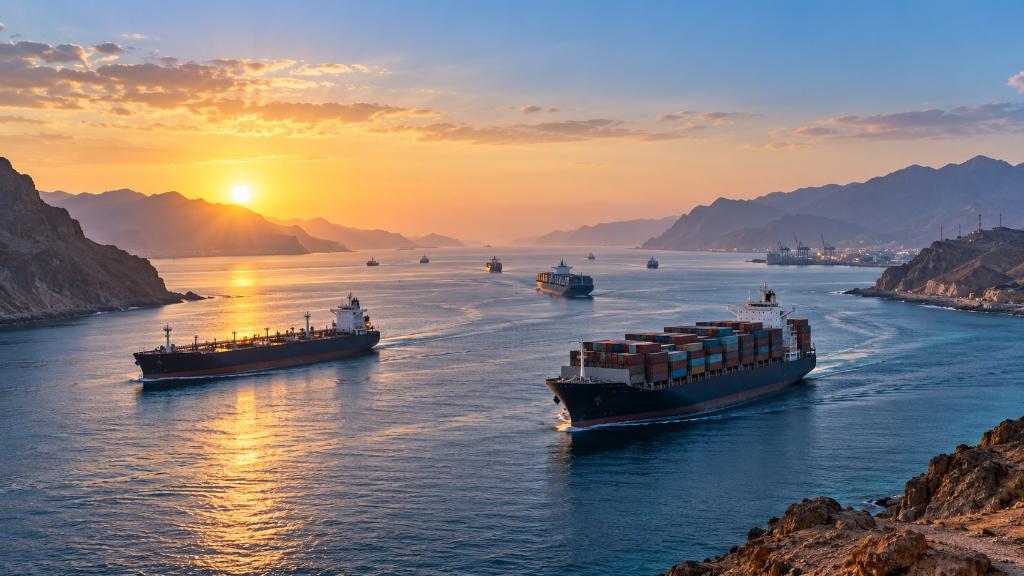 Des cargos franchissent Bab el-Mandeb au lever du jour entre les côtes du Yémen et de Djibouti, sur une mer calme au cœur d’un corridor stratégique.