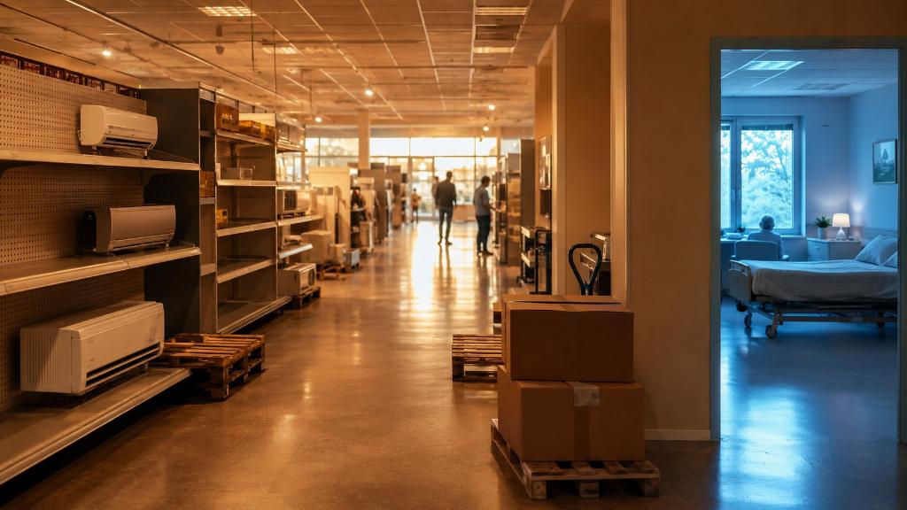 Rayon de climatiseurs sous tension relié visuellement à une chambre d’EHPAD rafraîchie, avec soignants, familles et signaux abstraits de revente.