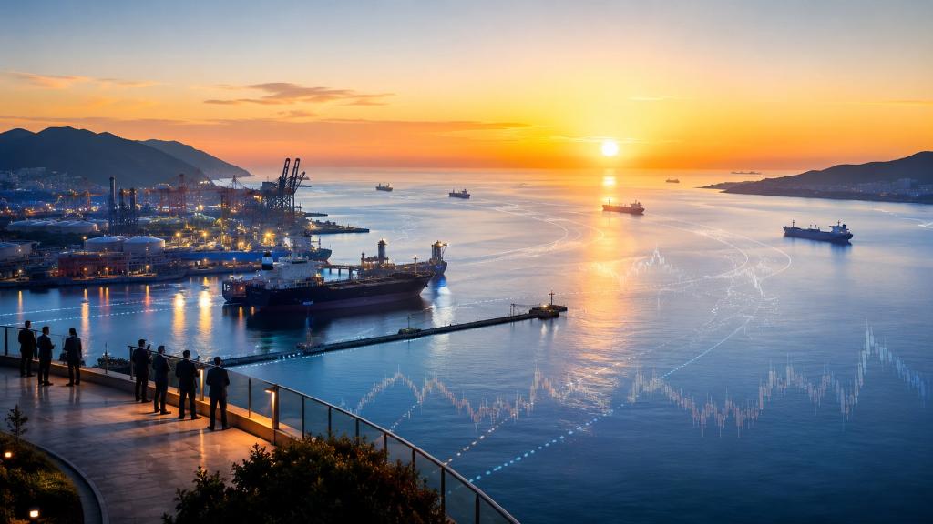 Port pétrolier calme au lever du jour près d’un détroit stratégique, avec routes maritimes et signaux de marché stylisés.
