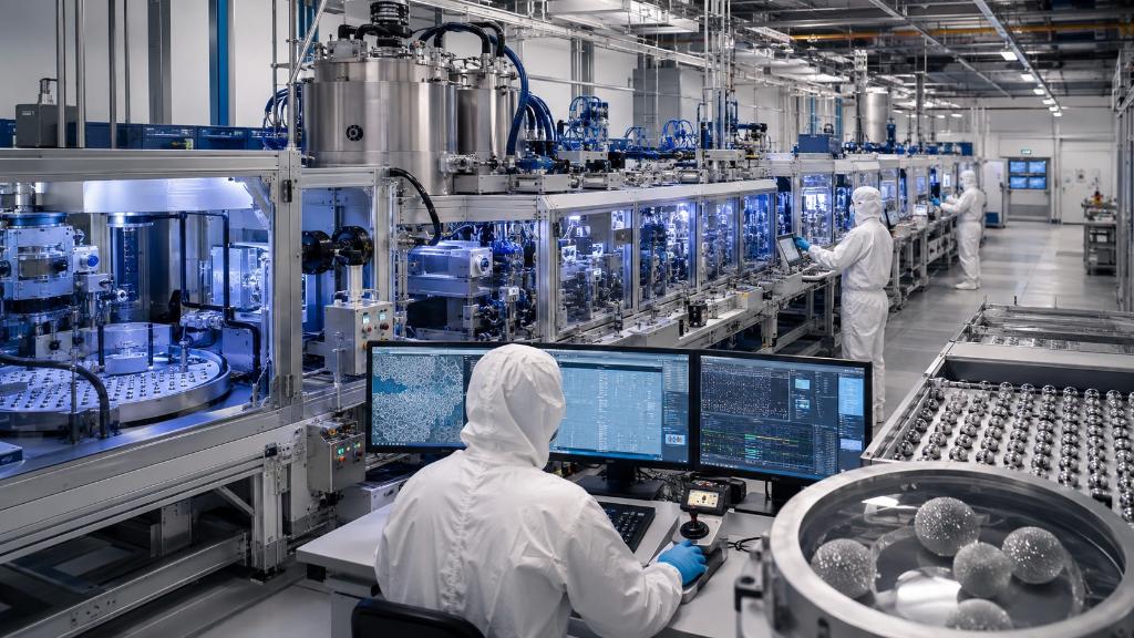 Pilot inertial-fusion target production line combining microcapsules, cryogenics, automated metrology, defect inspection and rapid injection.