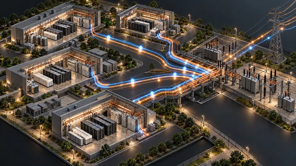 Isometric view of buildings with battery-backed UPS systems connected to transformers, showing simultaneous electrical pulses followed by staggered operations.