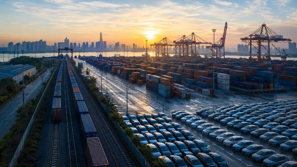 Port industriel chinois au lever du jour, avec conteneurs, véhicules électriques, grues et voie ferrée, illustrant la puissance exportatrice et les contrastes de l'économie.