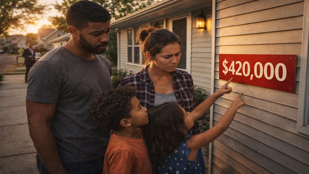 American families standing outside a house for sale, illustrating housing accessibility challenges in the United States in 2026