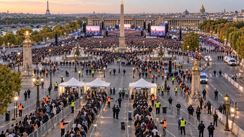 Organisation of a vast Paris gathering with orderly queues, volunteers, security forces, giant screens and controlled crowd flows around Place de la Concorde.