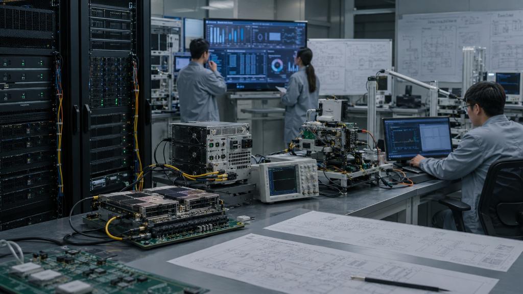 Salle d’ingénierie Huawei fictive avec serveurs Kunpeng, modules Ascend, cartes 5G, alimentation électrique et tableaux de supervision anonymes.
