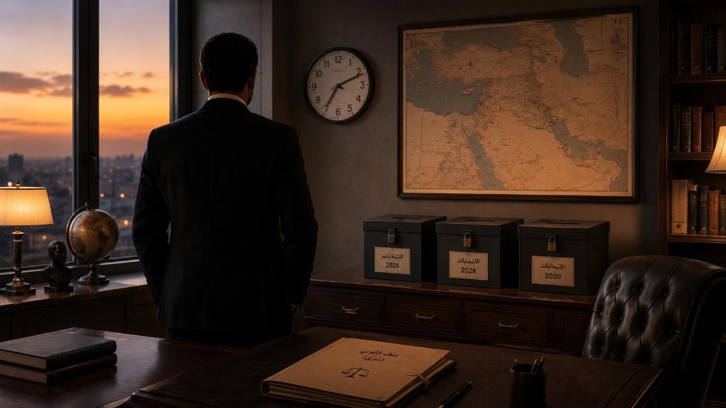 Bureau politique sobre avec silhouette de dirigeant, horloge, urnes fermées et dossier judiciaire, symbole du calendrier de Netanyahu.
