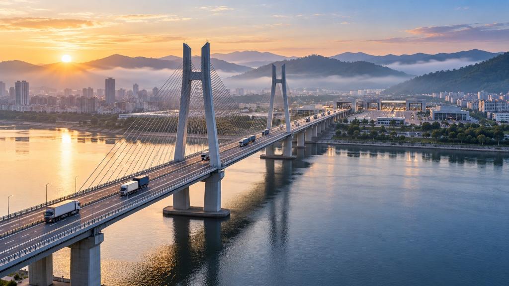 Pont frontalier sur le fleuve Yalou entre la Chine et la Corée du Nord, traversé par quelques camions à l'aube.