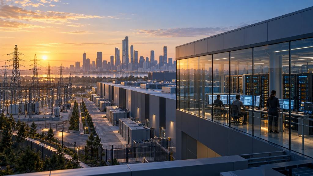 Centre de données d'intelligence artificielle à l'aube, avec installations électriques, ingénieurs et quartier financier en arrière-plan.
