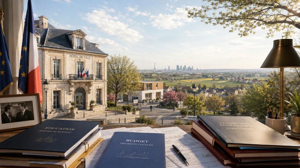 Portrait éditorial symbolique de Gabriel Attal en campagne, entre mairie de banlieue, dossiers ministériels, héritage Macron et horizon rural français.