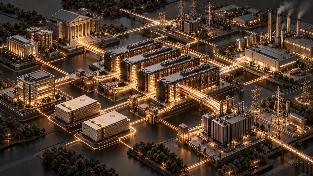 Analytical illustration connecting AI data centres, bank and private credit financing, computing equipment and electricity networks.