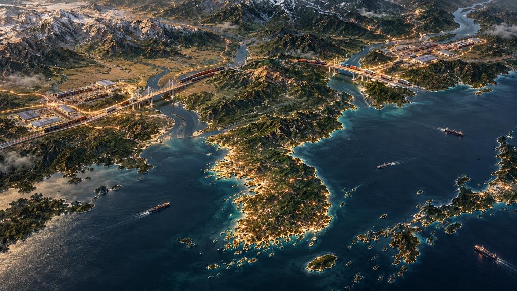 Illustration analytique des corridors frontaliers entre la Corée du Nord, la Chine et la Russie, montrant les ponts du Yalou et du Tumen et les infrastructures logistiques.
