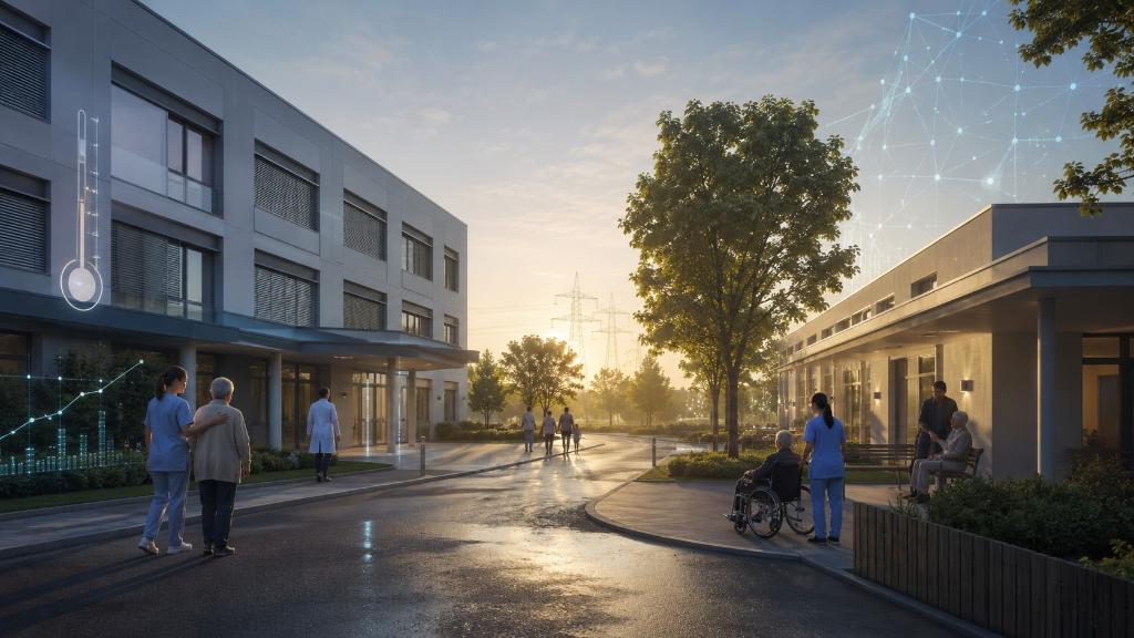 Hôpital public et EHPAD français au lever du jour, avec soignants, familles, personnes âgées à l’ombre et indices discrets de budget et de chaleur.