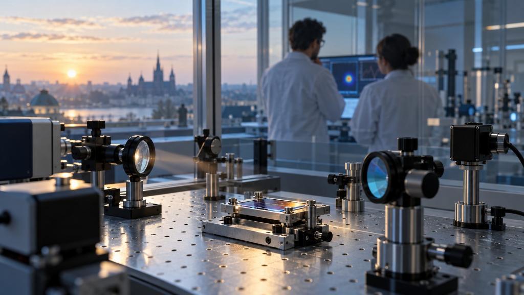 Laboratoire européen de photonique solaire montrant une cellule photovoltaïque expérimentale, des instruments optiques et des chercheurs observant les mesures.