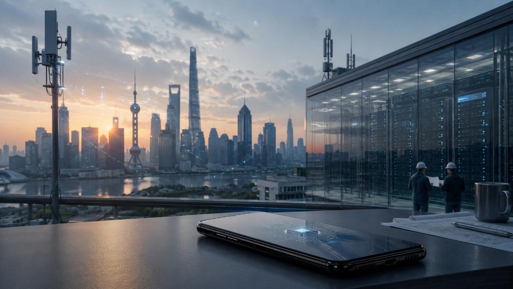 Ville technologique chinoise au lever du jour avec antennes 5G, datacenter, smartphone premium et reflets de puces, sans logo.