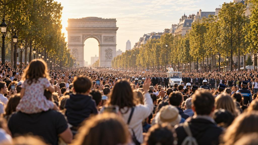 Foule dense mais paisible sur les Champs-Élysées lors de la visite de Léon XIV, avec Arc de Triomphe, familles, jeunes et dispositif de sécurité discret.