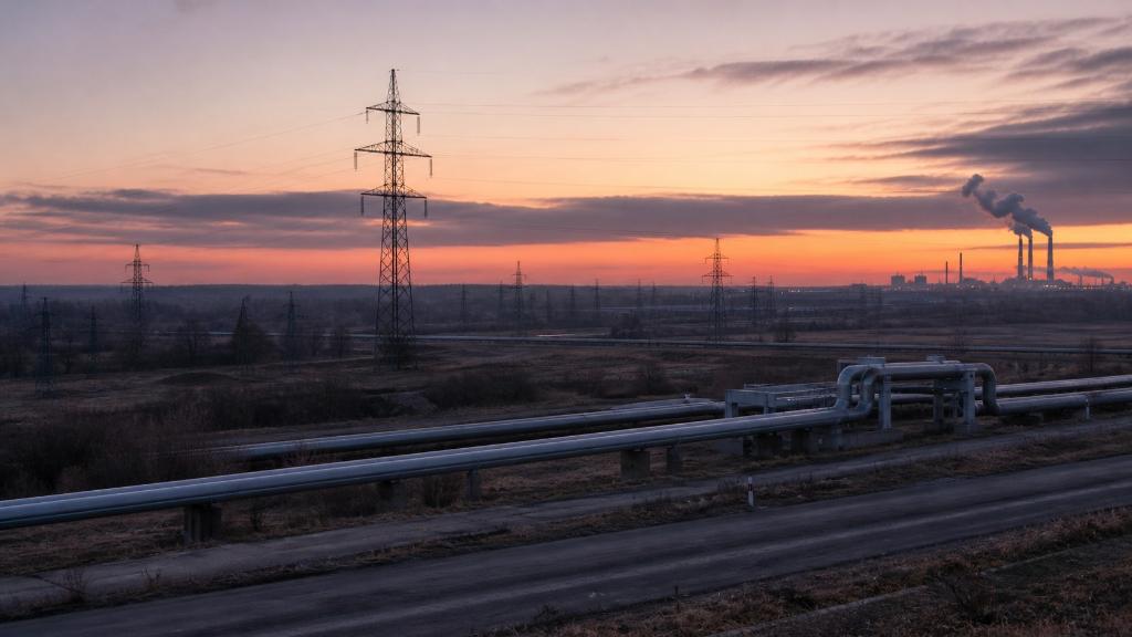 Paysage éditorial calme d'Europe de l'Est avec infrastructures énergétiques et tension stratégique