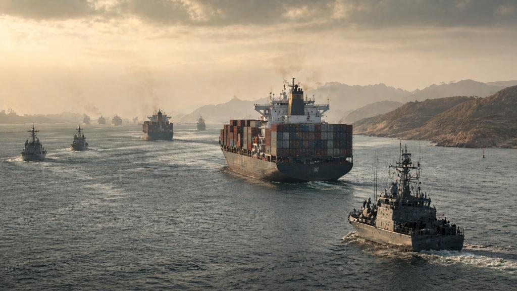 Merchant ships under tension in the Strait of Hormuz with increased surveillance and slowed traffic