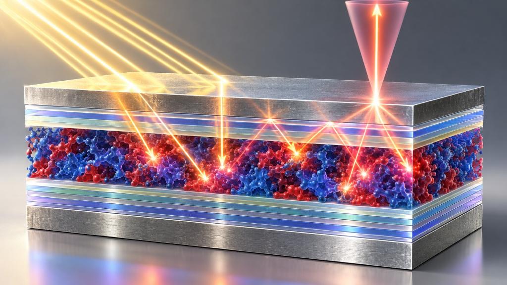 Coupe conceptuelle d'une cellule solaire organique PM6:Y6 avec électrodes en argent, cavité optique et contrôle des directions d'émission des photons.
