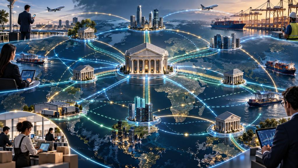 Parallel financial networks connecting banks, small businesses, travelers and ports, with some flows bypassing a large traditional central financial node.