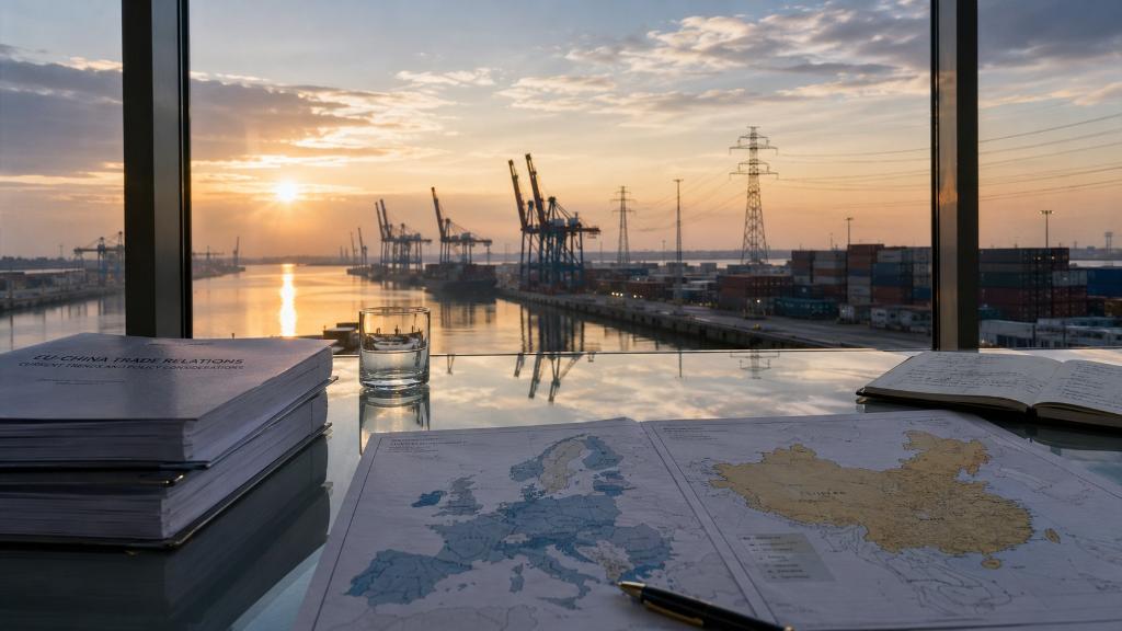 Port industriel européen calme au lever du jour, conteneurs, lignes électriques et carte Europe Chine évoquant commerce, énergie et souveraineté.