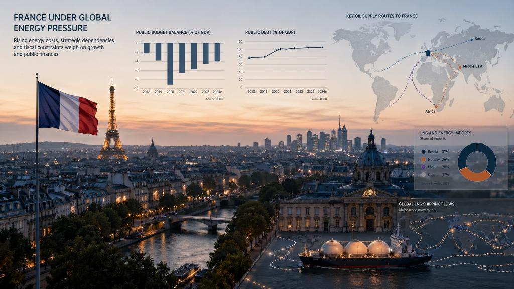 Illustration éditoriale de la pression énergétique mondiale sur le budget français et les arbitrages publics