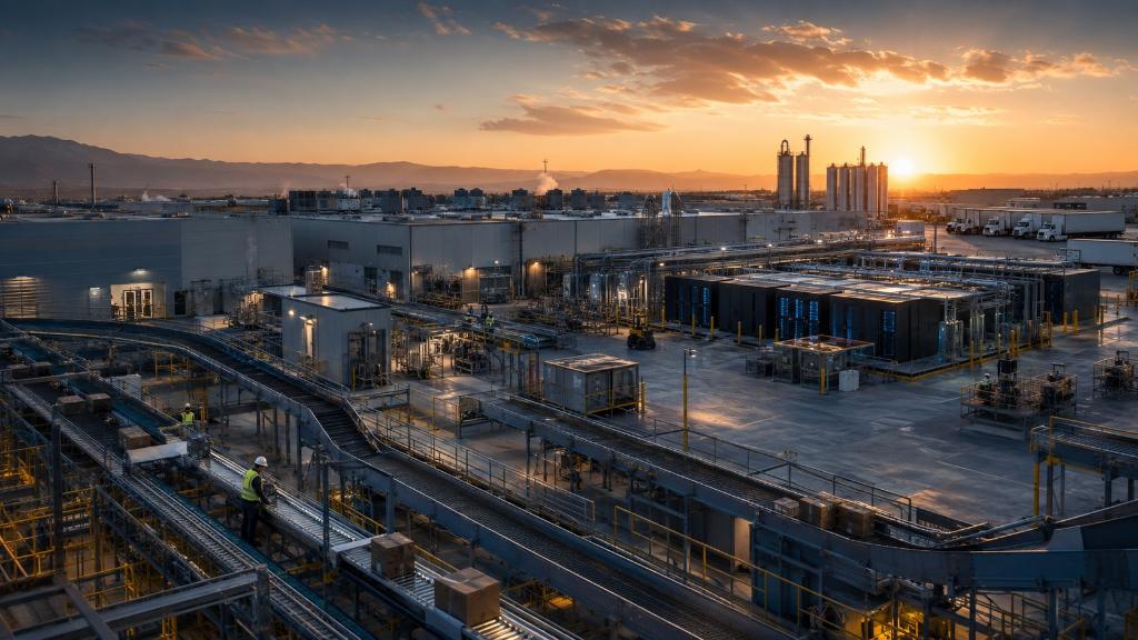 Site industriel et logistique américain automatisé au lever du jour, avec techniciens, lignes de production, centre de données et infrastructures de transport.