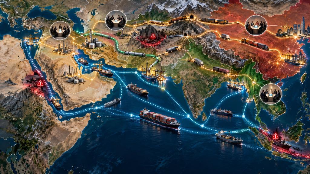A strategic map links China, Iran, the Gulf, Pakistan, Afghanistan, Myanmar and the Red Sea through trade routes, energy networks and diplomatic channels.