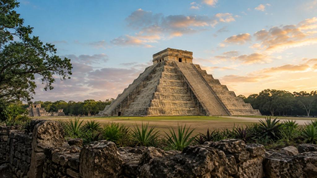 Chichén Itzá au lever du jour, pyramide de Kukulcán, pierre calcaire claire, végétation du Yucatán et lumière calme sur un site sans foule.