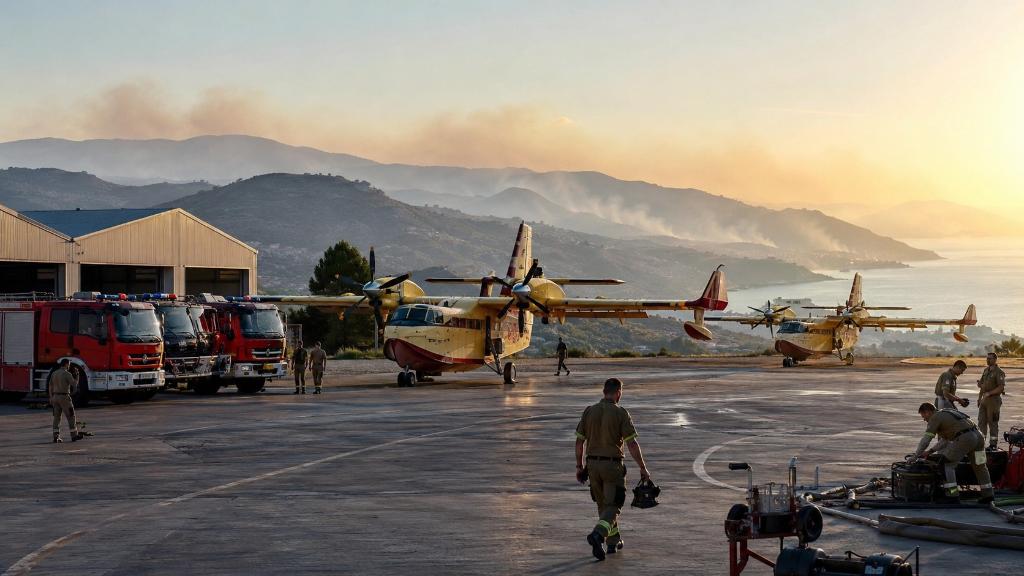 Avions bombardiers d’eau et camions de pompiers mobilisés sur une base européenne tandis qu’une fumée lointaine recouvre un paysage méditerranéen.