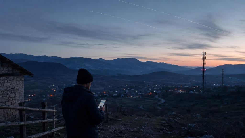 Vallée rurale au crépuscule avec smartphone connecté par satellite, traces orbitales discrètes et antennes mobiles au loin.