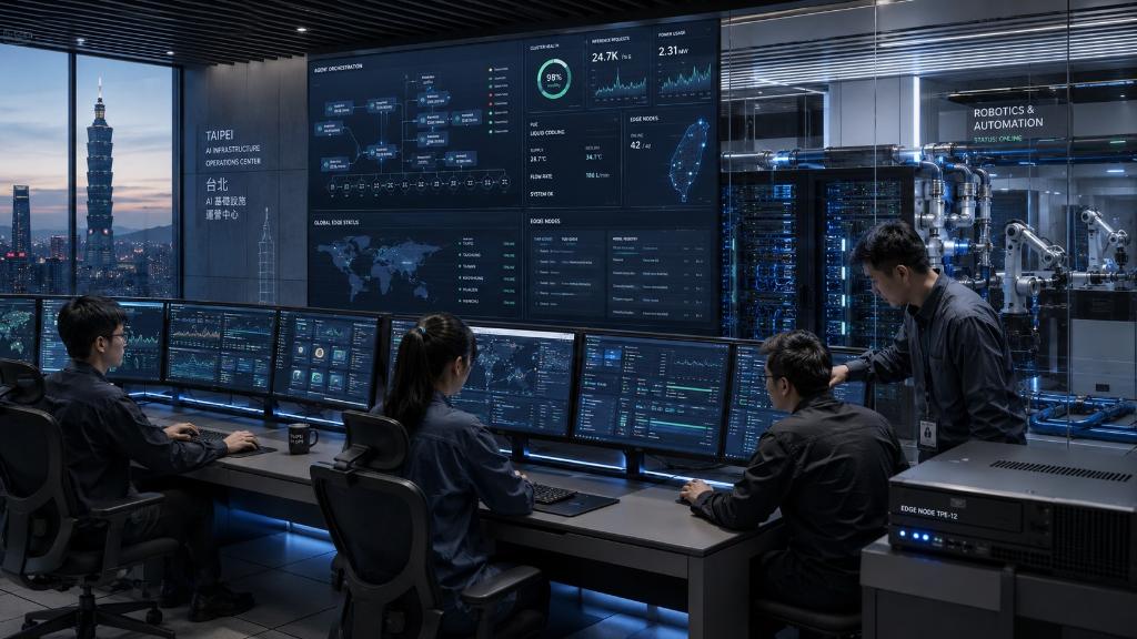 Salle de contrôle d’infrastructure IA avec racks modulaires, refroidissement liquide, tableaux d’orchestration d’agents, edge computing et ingénieurs analysant la télémétrie.