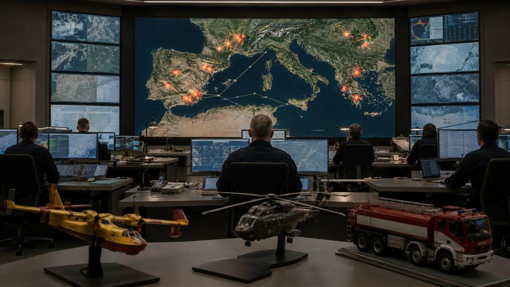 Centre européen de coordination suivant plusieurs incendies simultanés en France, en Espagne, au Portugal, en Italie et en Grèce, avec cartes, avions amphibies et équipes au sol.