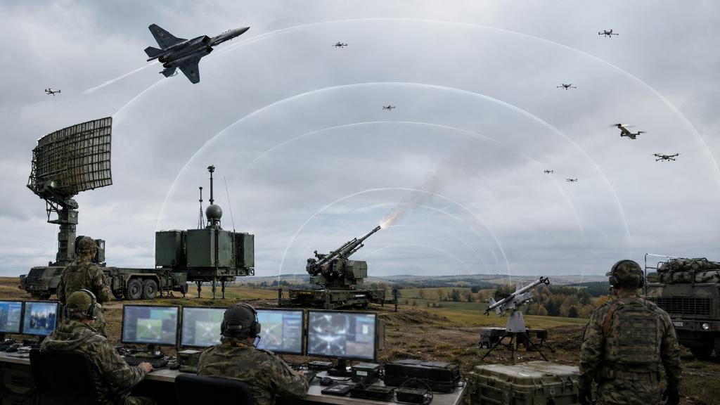 Layered air defence combining radar, electronic warfare, guns, an interceptor drone and a fighter against different drone threats.