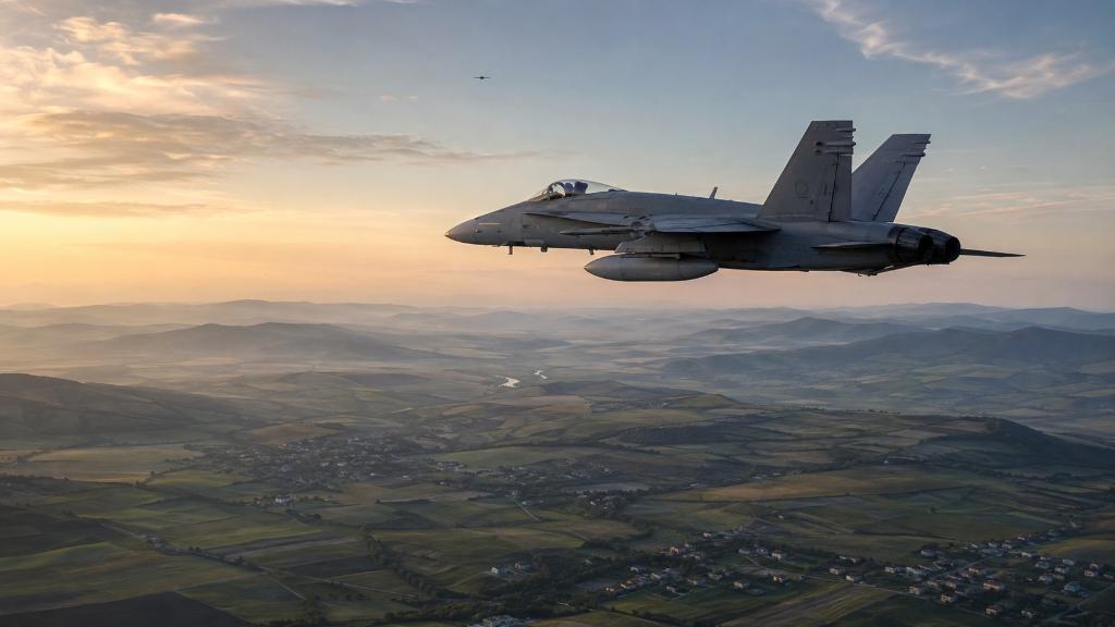 Un F-18 espagnol de l’OTAN patrouille au-dessus de la campagne roumaine à l’aube tandis qu’un petit drone apparaît au loin dans le ciel.