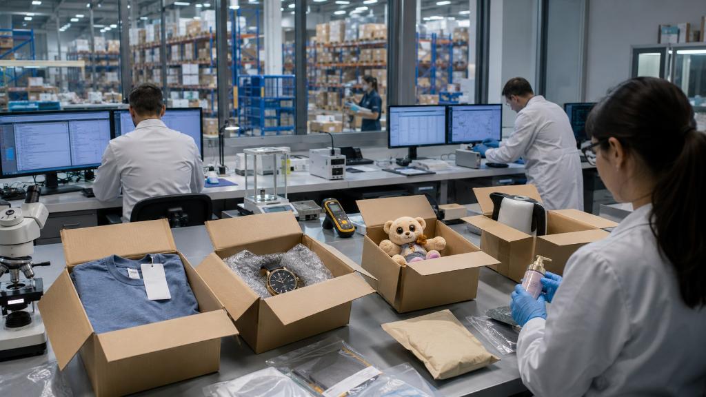 Laboratoire européen de contrôle du commerce électronique avec colis ouverts, jouets, cosmétiques et petit appareil électrique examinés sur des bancs de test.