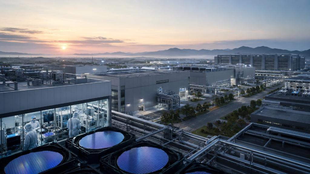 Complexe chinois de fabrication de mémoires électroniques au lever du jour, avec salles blanches, tranches de silicium et centre de données distant.