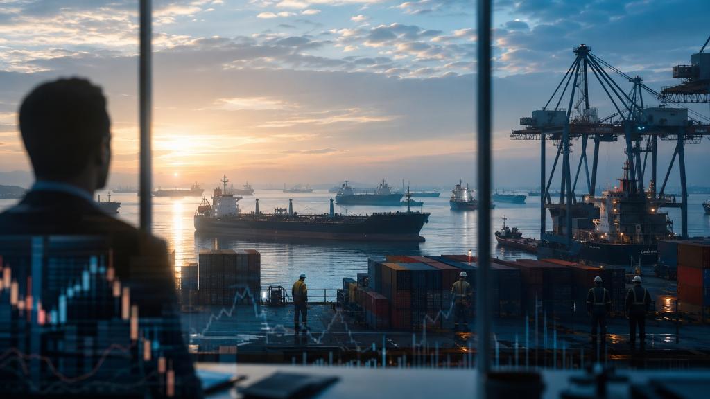 Port calme à l’aube avec pétroliers au loin, conteneurs, travailleurs discrets et reflets de graphiques financiers sur une vitre.