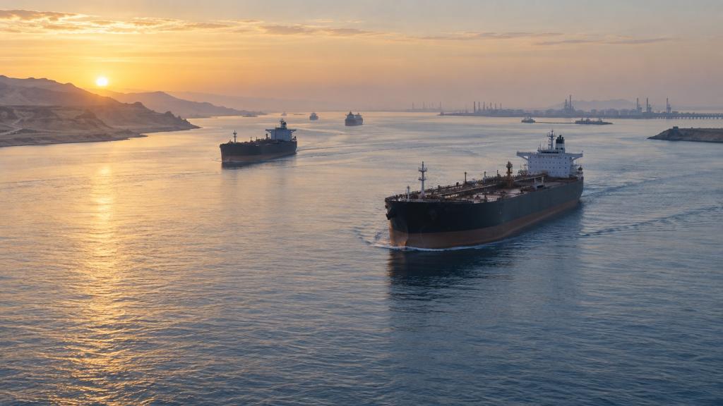Des porte-conteneurs traversent un détroit au lever du jour, entre terminaux énergétiques et routes maritimes reliant l’Asie au Golfe et à la mer Rouge.