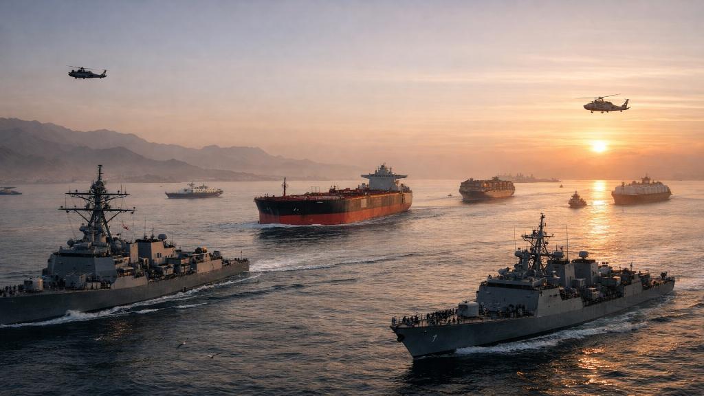 European warships and cargo vessels moving through the Strait of Hormuz under surveillance during a multinational defensive mission