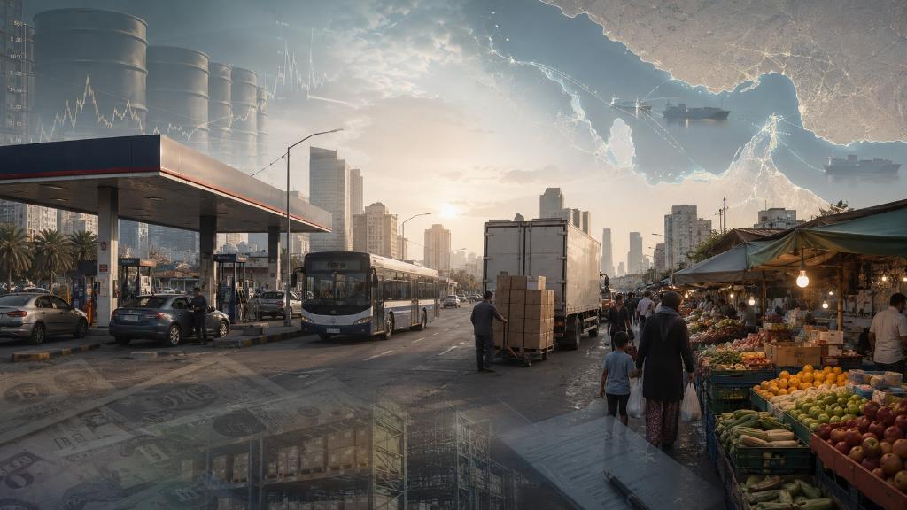 Station-service urbaine, bus, camion de livraison et paniers alimentaires illustrant la transmission du pétrole aux dépenses quotidiennes.