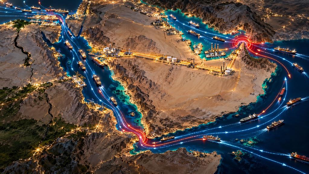 Analytical map linking Hormuz, Saudi pipelines, Bab el-Mandeb, the Red Sea and Suez, with energy flows and maritime routes.