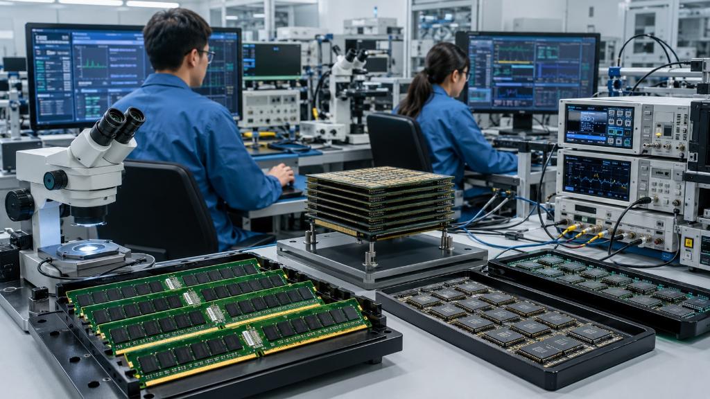 Ingénieurs examinant des modules DDR5, des puces NAND et des empilements HBM sur des bancs de test dans un laboratoire de mémoire électronique.