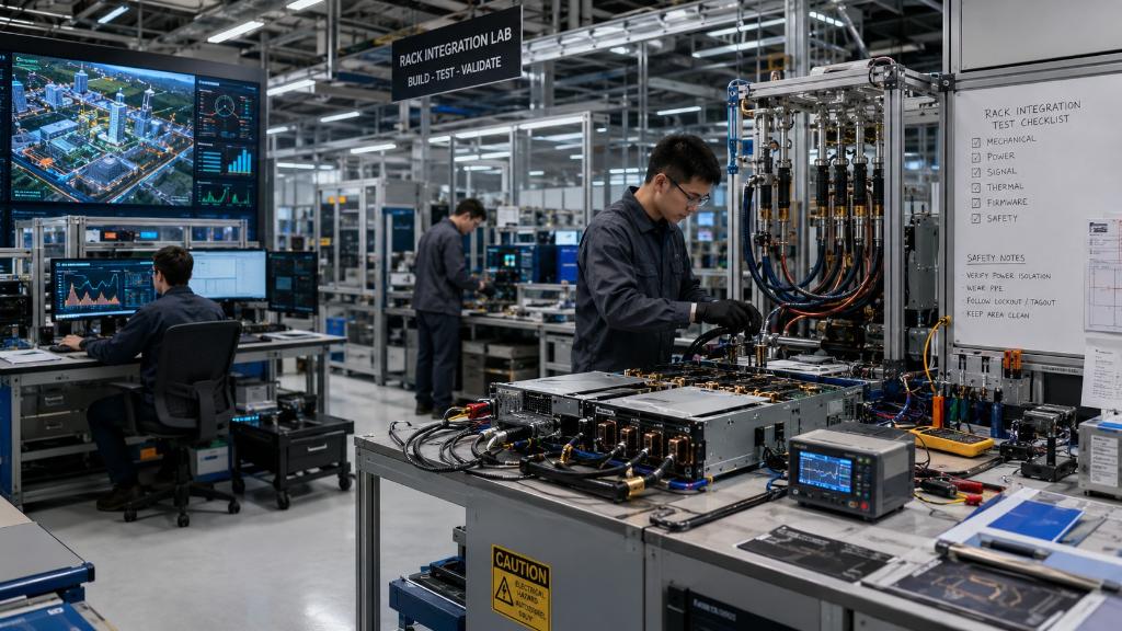 Laboratoire industriel d’intégration de racks IA avec processeurs, refroidissement liquide, écrans de télémétrie, bancs de test robotique et ingénieurs vérifiant les interconnexions.
