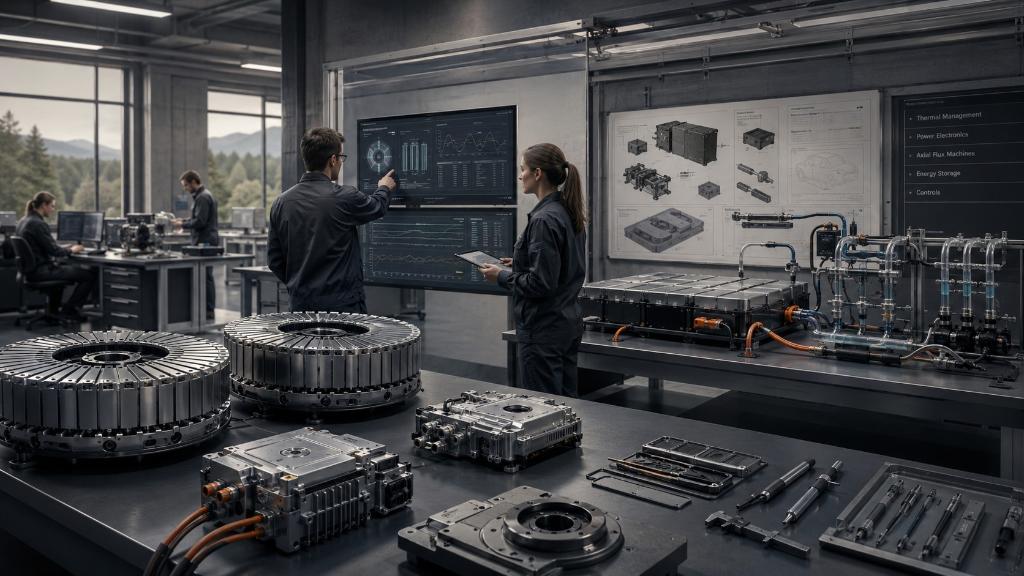 Vue éditoriale calme d’un hall d’ingénierie électrifié avec moteurs axiaux, unités de propulsion compactes, bancs batterie et ingénieurs analysant rendement thermique.